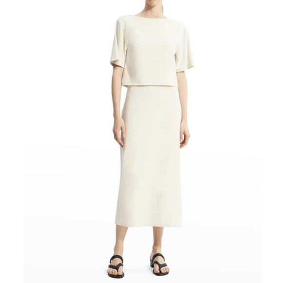 Theory Boat-Neck Layered Midi Dress Sz XS Beige Cream Stretch Ponte Quiet Luxury - Picture 1 of 16